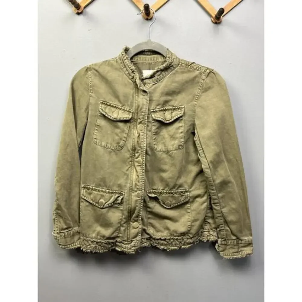 Loft Petites Jacket Womens XSP‎ Cargo Utility Jacket Long Sleeve Green Linen